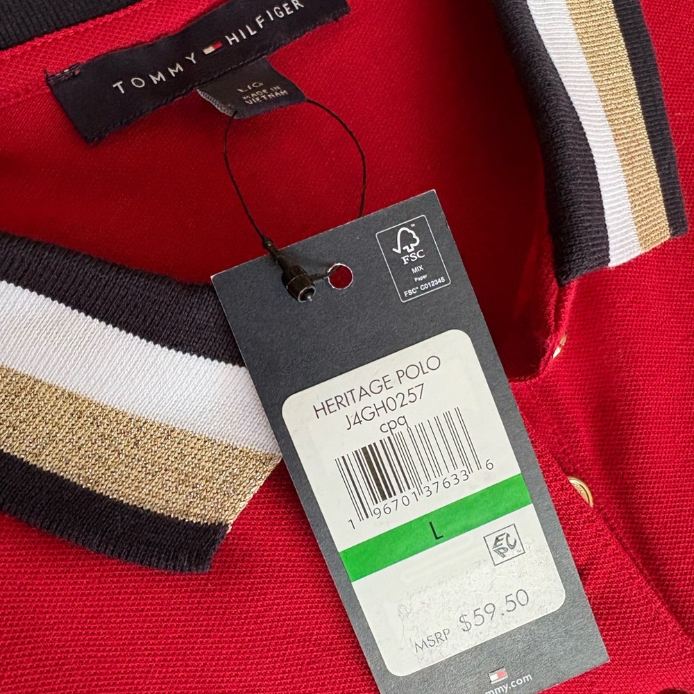 NWT Tommy Hilfiger Red Polo with Striped Gold Navy Collar